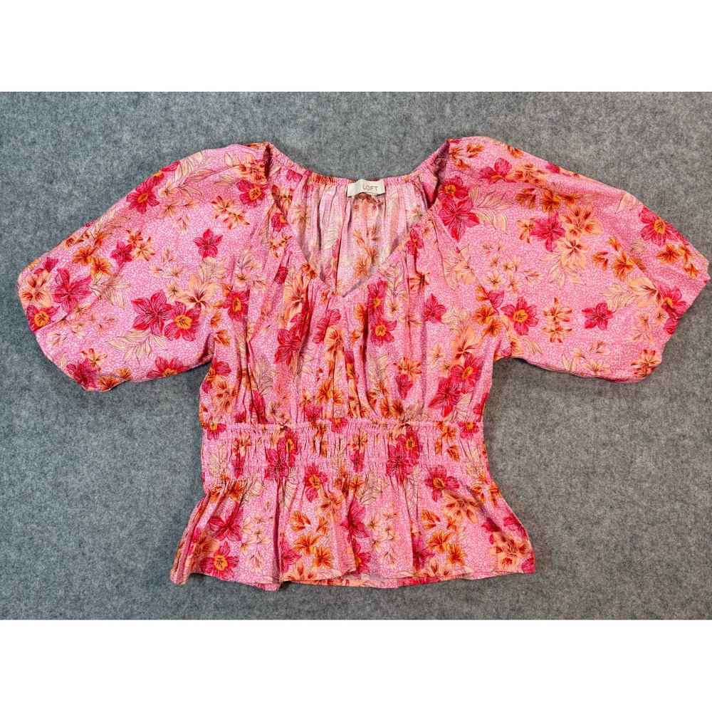 LOFT Pink Floral Smocked Peplum Blouse Puff Sleeve Square Neck Top Womens